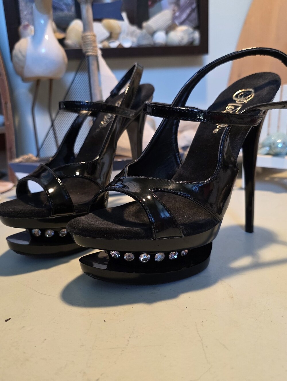 Pleaser Black Patent Platform Evening Sandals with Crystal Accent